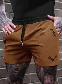Manfinity Homme Men Deer Print Drawstring Waist Shorts - Brown - View 1