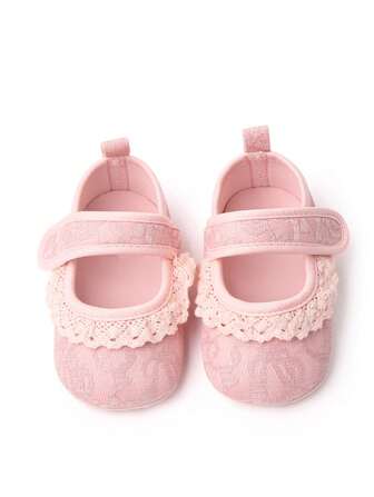 Zapatos tipo Mary Jane planos con cierre de gancho y bucle y adornos de encaje para niñas de bebé para uso en exteriores