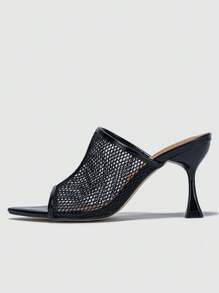 Women Crocodile Embossed Pyramid Heeled Sandals, Elegant Black Mesh Mule Sandals For Summer - Black - View 4