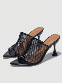 Women Crocodile Embossed Pyramid Heeled Sandals, Elegant Black Mesh Mule Sandals For Summer - Black - View 5