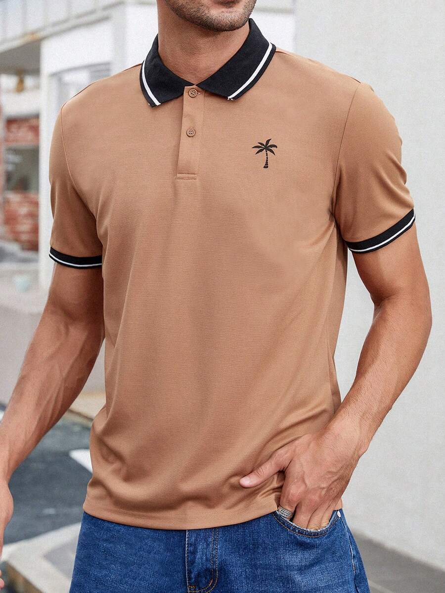 Manfinity Homme Men Palm Tree Print Striped Trim Polo Shirt - Brown - View 1