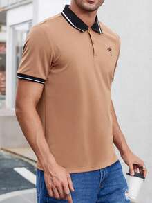 Manfinity Homme Men Palm Tree Print Striped Trim Polo Shirt - Brown - View 3