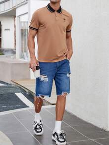 Manfinity Homme Men Palm Tree Print Striped Trim Polo Shirt - Brown - View 4