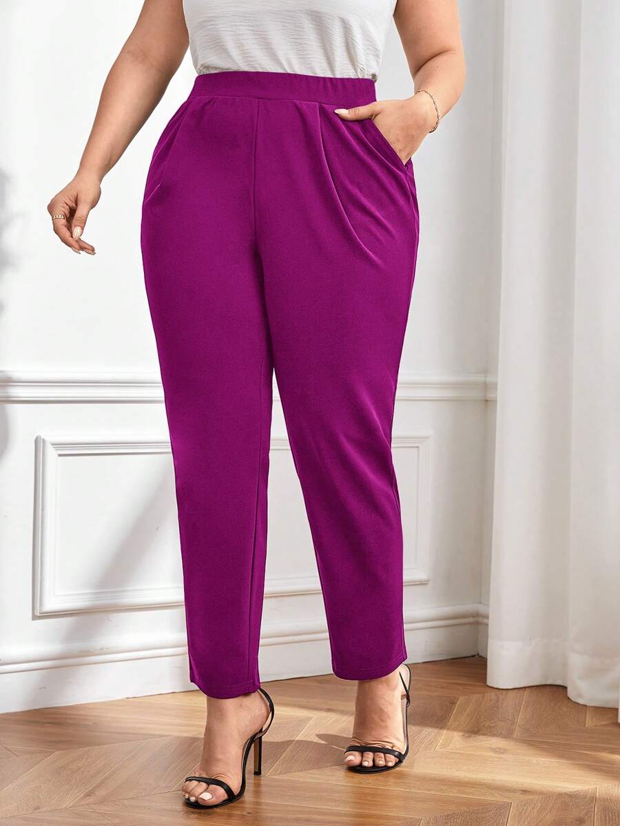 SHEIN Essnce 大碼素色斜口袋長褲 - 中紫紅色 - 查看 1