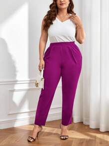 SHEIN Essnce 大碼素色斜口袋長褲 - 中紫紅色 - 查看 4