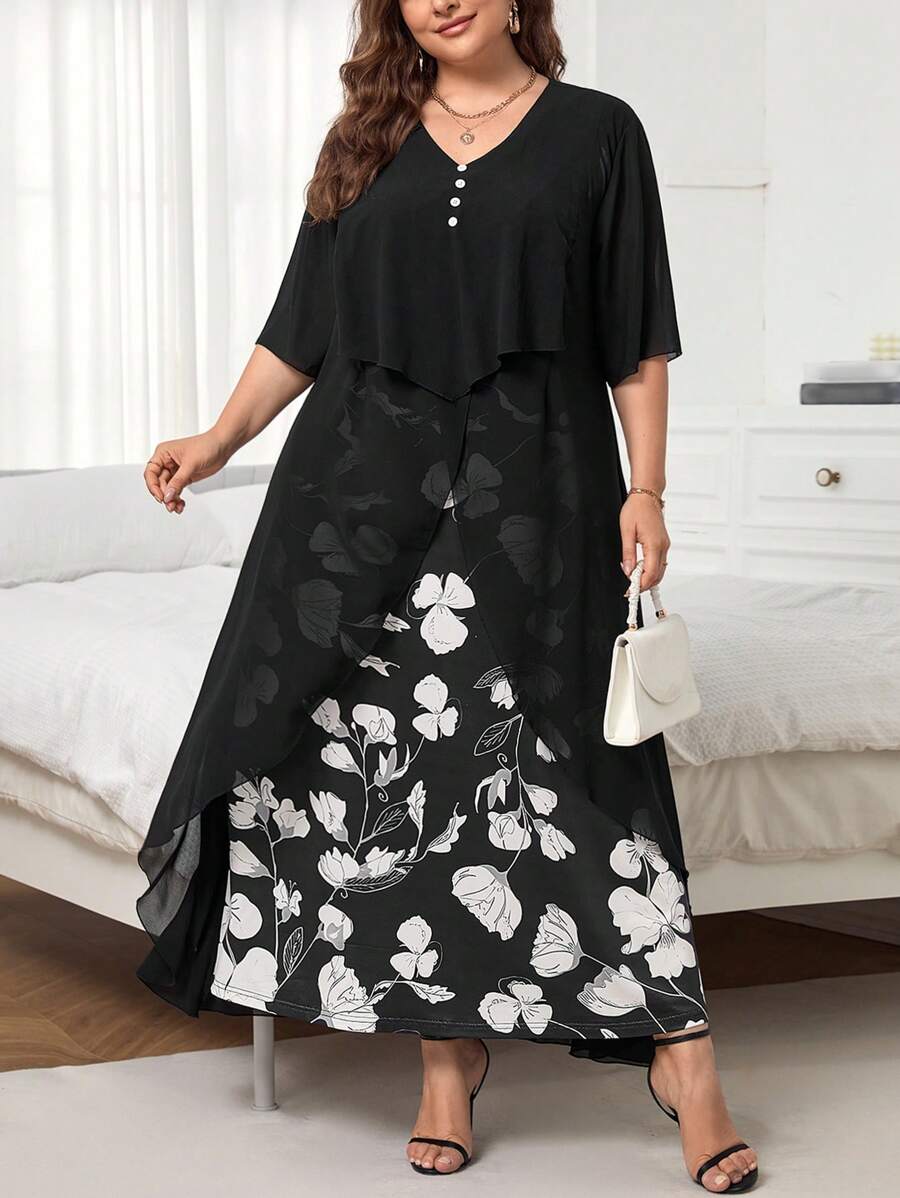 SHEIN Clasi 大碼印花蝴蝶袖連衣裙 - 黑色 - 查看 1