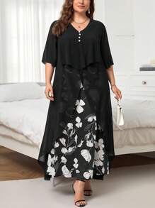 SHEIN Clasi 大碼印花蝴蝶袖連衣裙 - 黑色 - 查看 3