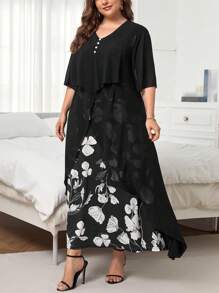 SHEIN Clasi 大碼印花蝴蝶袖連衣裙 - 黑色 - 查看 5