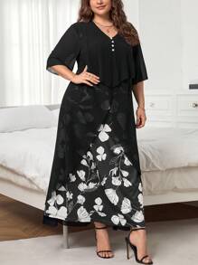 SHEIN Clasi 大碼印花蝴蝶袖連衣裙 - 黑色 - 查看 6