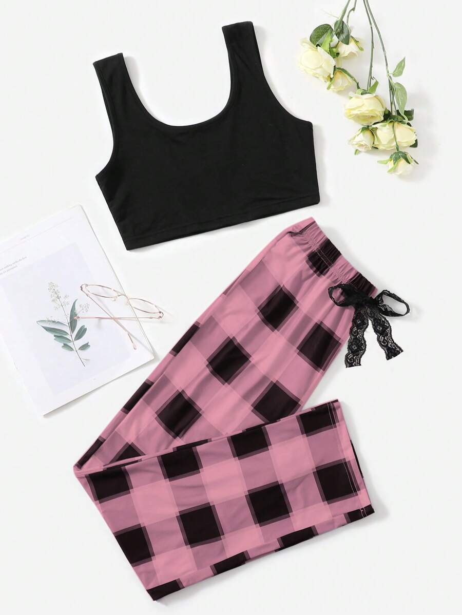 Plaid Print Bow Front PJ Set - Multicolor - View 1