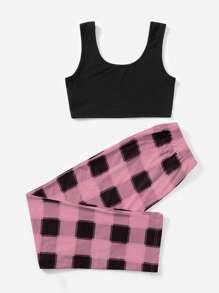 Plaid Print Bow Front PJ Set - Multicolor - View 2