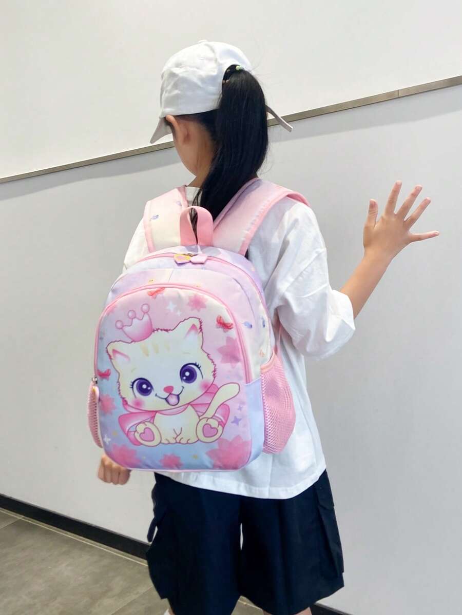 Chicas 1 pieza Mochila clásica con patrón de gato de dibujos animados cremallera para vida diaria - Multicolor - Ver 1