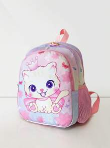 Chicas 1 pieza Mochila clásica con patrón de gato de dibujos animados cremallera para vida diaria - Multicolor - Ver 2