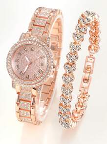 1 Nữ Hoa Hồng Vàng Dây Thép Không Gỉ Quyến Rũ Đá Trang Trí Mặt Tròn Đồng Hồ Thạch Anh & 1 Lắc Tay, trang Trí Hàng Ngày - Hoa hồng vàng - Xem 1