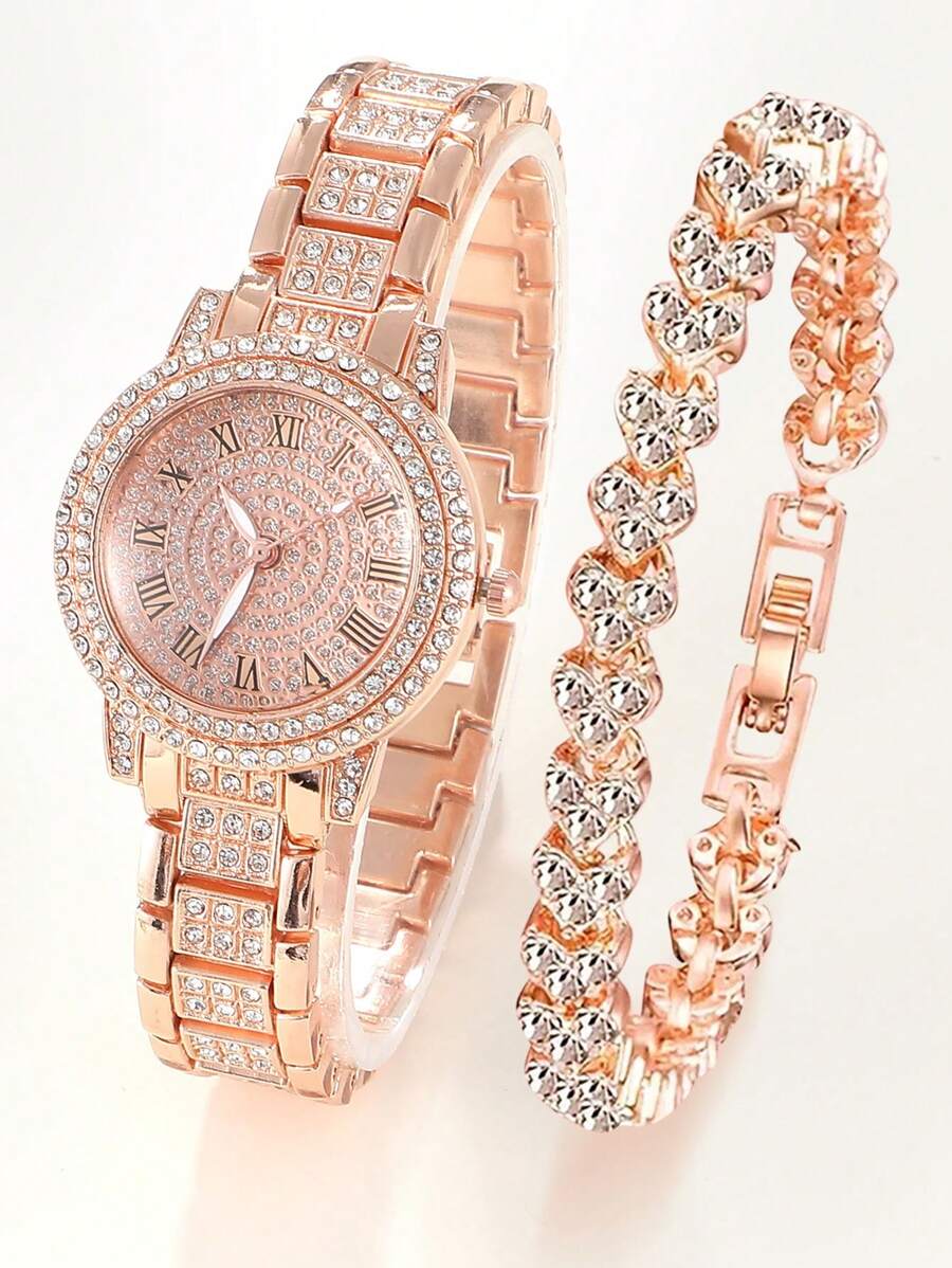 1 Nữ Hoa Hồng Vàng Dây Thép Không Gỉ Quyến Rũ Đá Trang Trí Mặt Tròn Đồng Hồ Thạch Anh & 1 Lắc Tay, trang Trí Hàng Ngày - Hoa hồng vàng - Xem 1