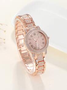 1 Nữ Hoa Hồng Vàng Dây Thép Không Gỉ Quyến Rũ Đá Trang Trí Mặt Tròn Đồng Hồ Thạch Anh & 1 Lắc Tay, trang Trí Hàng Ngày - Hoa hồng vàng - Xem 2