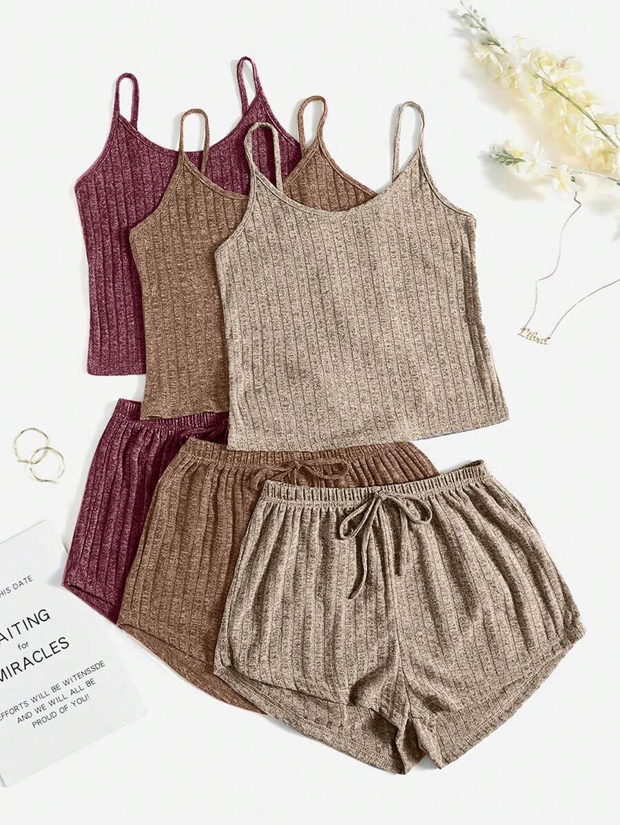 3sets Solid Ribbed Knit Cami Top & Tie Waist Shorts PJ Set / Pajama Set Outfit - Multicolor - View 1
