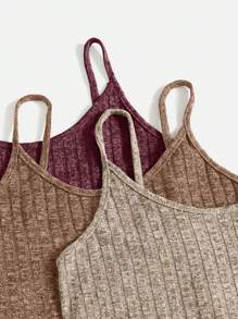 3sets Solid Ribbed Knit Cami Top & Tie Waist Shorts PJ Set / Pajama Set Outfit - Multicolor - View 3