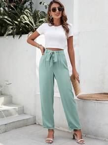 SHEIN Frenchy Solid Belted Suit Trousers - Mint Green - View 5