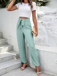 SHEIN Frenchy Solid Belted Suit Trousers - Mint Green - View 6