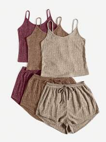 3sets Solid Ribbed Knit Cami Top & Tie Waist Shorts PJ Set / Pajama Set Outfit - Multicolor - View 4