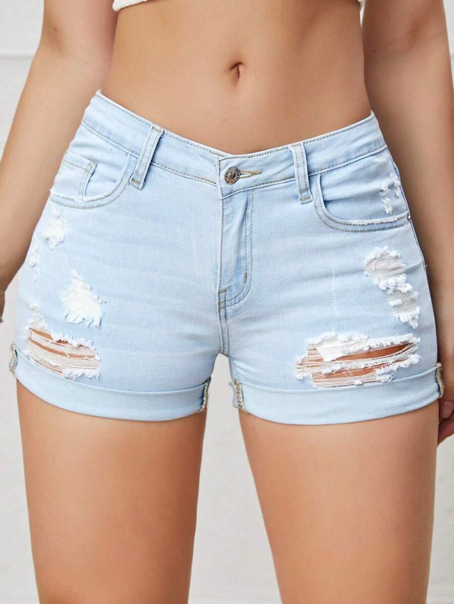 破洞卷邊牛仔短褲 - 藍白色 - 查看 1