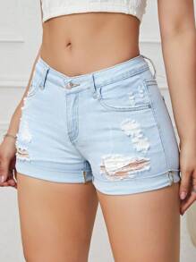 破洞卷邊牛仔短褲 - 藍白色 - 查看 2