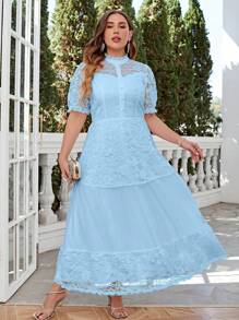 Simplee Plus Contrast Lace Button Front Dress - Blue - View 1