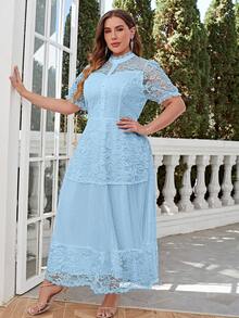 Simplee Plus Contrast Lace Button Front Dress - Blue - View 4
