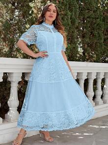 Simplee Plus Contrast Lace Button Front Dress - Blue - View 5