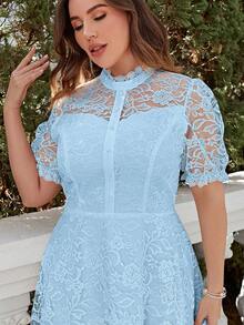 Simplee Plus Contrast Lace Button Front Dress - Blue - View 6