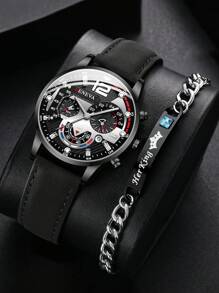 1入組黑色PU聚氨酯帶時尚圓形錶盤石英表和1入組水鑽裝飾手鏈,日常裝飾 - 黑色 - 查看 1