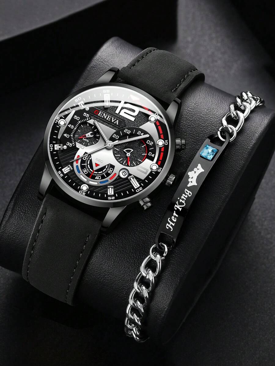 1入組黑色PU聚氨酯帶時尚圓形錶盤石英表和1入組水鑽裝飾手鏈,日常裝飾 - 黑色 - 查看 1