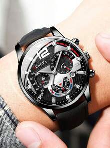 1入組黑色PU聚氨酯帶時尚圓形錶盤石英表和1入組水鑽裝飾手鏈,日常裝飾 - 黑色 - 查看 2