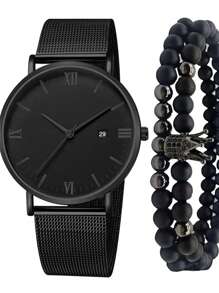 ECONOMICXI 1入組黑色鋅合金帶時尚圓形錶盤石英表和1入組水鑽皇冠裝飾串珠手鏈,日常裝飾 - 黑色 - 查看 1