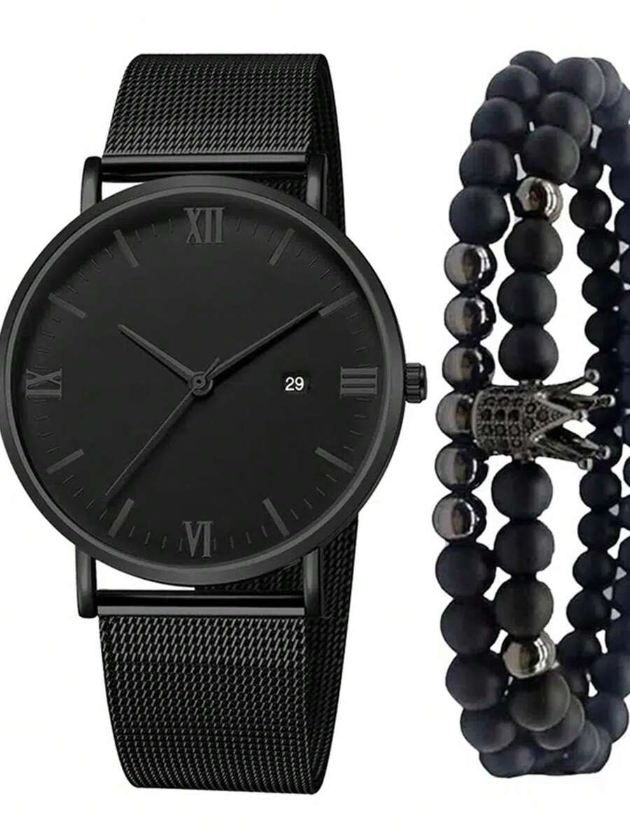 ECONOMICXI 1入組黑色鋅合金帶時尚圓形錶盤石英表和1入組水鑽皇冠裝飾串珠手鏈,日常裝飾 - 黑色 - 查看 1