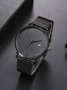 ECONOMICXI 1入組黑色鋅合金帶時尚圓形錶盤石英表和1入組水鑽皇冠裝飾串珠手鏈,日常裝飾 - 黑色 - 查看 2