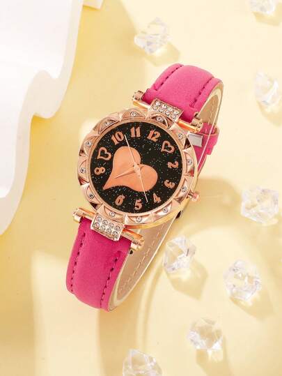 愛心圖案錶盤圓形指針石英手錶