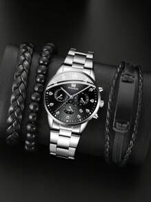 SHAARMS 1 Nam Bạc Dây Thép Không Gỉ Mặt Tròn Thời Trang Đồng Hồ Thạch Anh & 3 Vòng Tay Chi Tiết Bện, để Trang Trí Hàng Ngày - Bạc - Xem 1