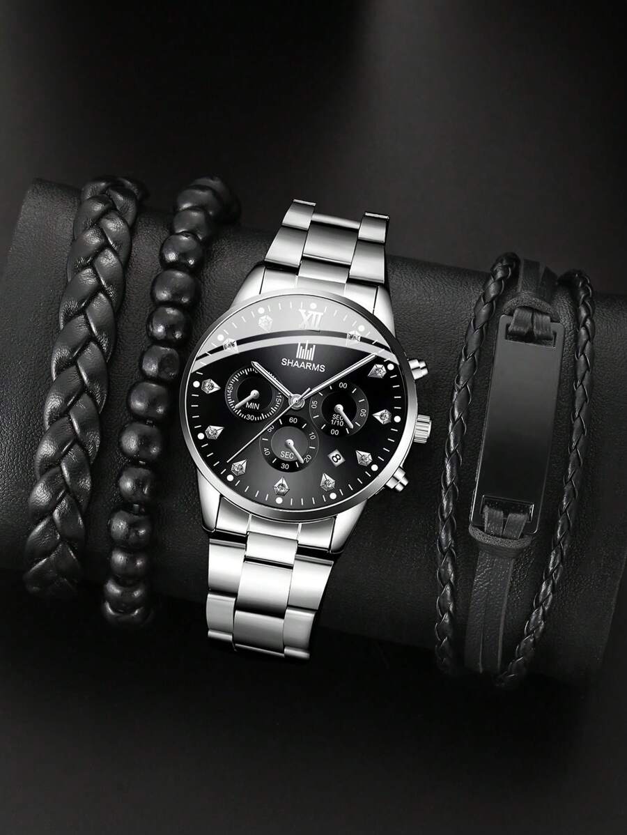 SHAARMS 1 Nam Bạc Dây Thép Không Gỉ Mặt Tròn Thời Trang Đồng Hồ Thạch Anh & 3 Vòng Tay Chi Tiết Bện, để Trang Trí Hàng Ngày - Bạc - Xem 1