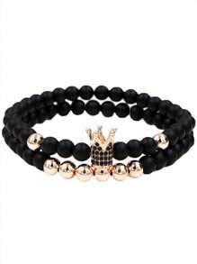 1入組男士女性粉色的橡膠錶帶時尚圓形錶盤石英表和1入組水鑽皇冠串珠日常裝飾 - 粉色 - 查看 3