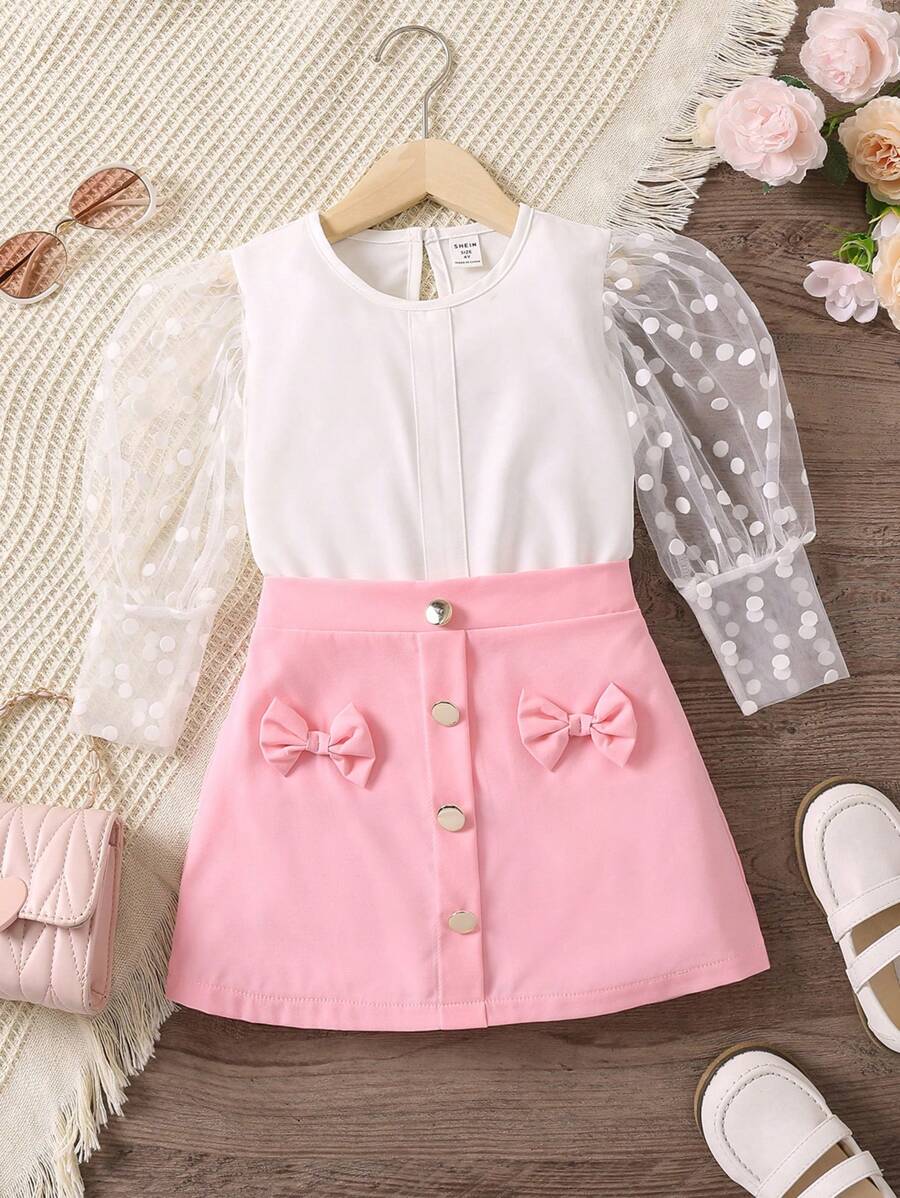 Bộ thời trang bé gái Tương phản Mesh Nút phía trước Khối Màu Dễ thương - Hồng - Xem 1