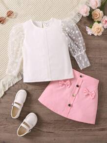 Bộ thời trang bé gái Tương phản Mesh Nút phía trước Khối Màu Dễ thương - Hồng - Xem 3