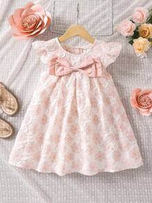 小女童花卉圖案提花前蝴蝶結荷葉邊連衣裙 - 粉色 - 查看 1