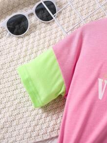 女小童字母圖案撞色T恤和短褲 - 彩色 - 查看 3