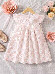小女童花卉圖案提花前蝴蝶結荷葉邊連衣裙 - 粉色 - 查看 2