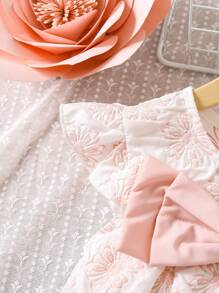 小女童花卉圖案提花前蝴蝶結荷葉邊連衣裙 - 粉色 - 查看 3