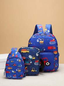 3 piezas Chicos al azar con dibujos animados con estampado de excavador poliéster dulce Mochila funcional & Bolsa cuadrada & Bolso bandolera Set - Azul - Ver 1