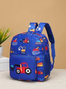 3 piezas Chicos al azar con dibujos animados con estampado de excavador poliéster dulce Mochila funcional & Bolsa cuadrada & Bolso bandolera Set - Azul - Ver 2