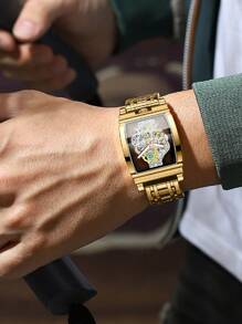 1pc 50m Waterproof Gold Square Skeleton Rust-Proof 316L Stainless Steel Watch With Luminous Hands, Japan Imported Quartz Automatic Movement - High-Quality Built-In Long-Life Japan Battery Luxury Gift For Men's Special Occasions Husband Father Birthday Gift Wedding Souvenir - Gold - View 2